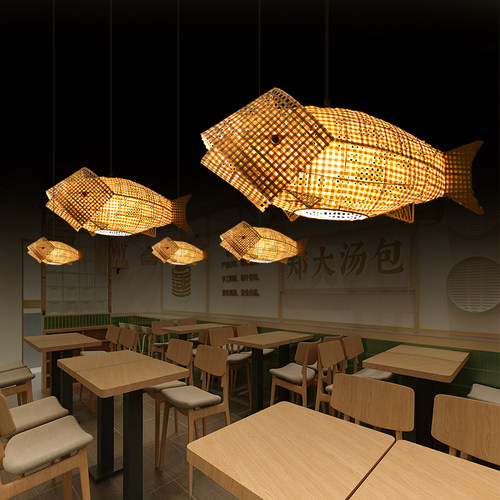 鱼形吊灯鲤鱼中式灯饰创意个性茶楼农家乐灯日式料理餐厅竹编灯笼 - 图0
