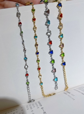 ins多巴胺彩色锆石手链夏日糖果色水晶玻璃爱心手链元气少女饰品