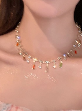 新款夏季时尚轻奢小众设计感高级彩色流苏锆石锁骨项链女饰品