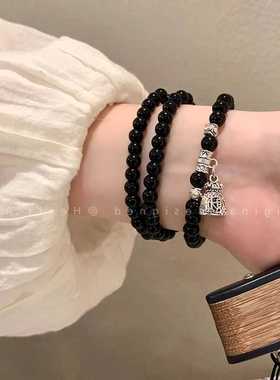 新中式山鬼花钱黑色串珠手女新国风黑曜石手串手饰