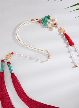 旗袍配饰汉服国风晚明风绿色米珠项链冰丝渐变流苏背云压襟长璎珞