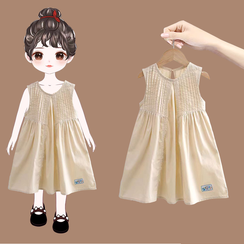 史努比女童连衣裙夏季新款纯色休闲背心裙中小童韩版无袖气质裙子-图0