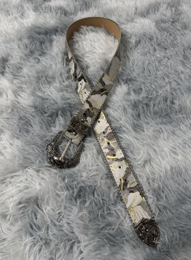 Vanan中古Vintage水墨花卉腰带 质感重磅银扣头复古雕花皮带ins风