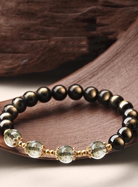 仿黑曜石绿幽灵水晶手串女款小众