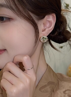 新中式平安扣竹叶耳钉女耳环古风