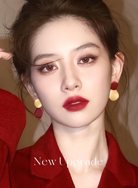 港风红色耳钉高级感方圆脸耳饰女