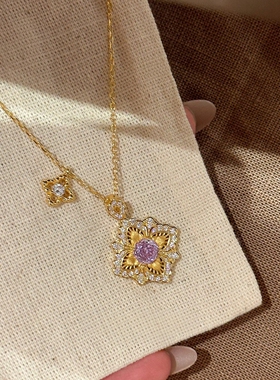 金色拉丝紫色烟花四叶花项链女