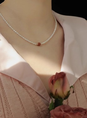 仿朱砂吊坠珍珠项链女2025新爆款