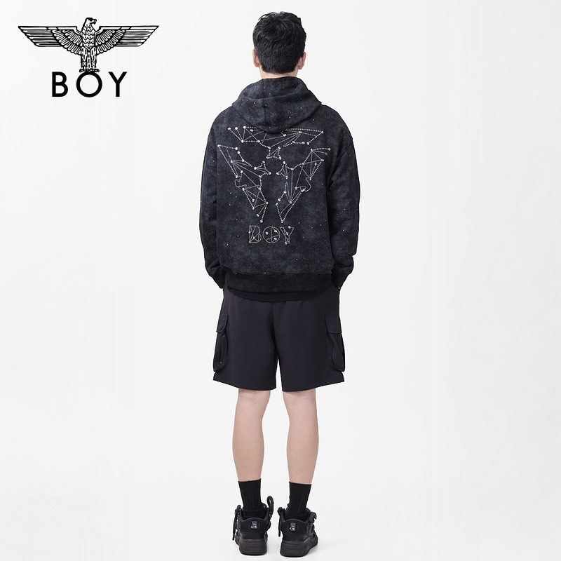 BOYLONDON秋季男女同款上衣潮牌烫钻百搭连帽套头长袖卫衣N04009 - 图1