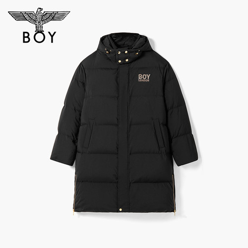 BOYLONDON黑色中长款羽绒服冬时尚保暖连帽男女款90绒外套N26900 - 图1