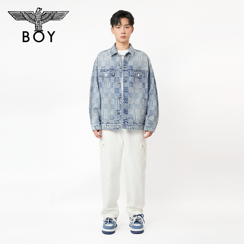 BOYLONDON浅蓝棋盘格字母提花烫钻牛仔外套2026年春季新款N50002,淘宝优惠券,粉丝福利购,淘宝优惠卷