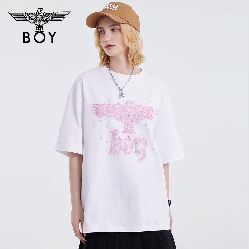 【暗夜星辰】BOYLONDON夏季情侣款短袖烫钻老鹰logo潮牌T恤N01003 - 图1