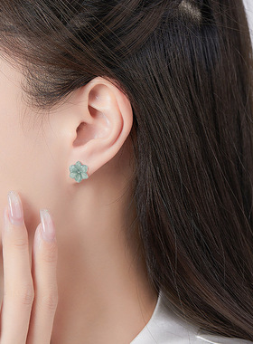 A货冰种翡翠蓝水兰花耳钉女款