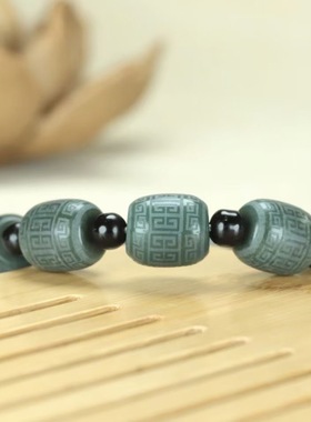 和田玉青玉回龙纹桶珠手串情侣款