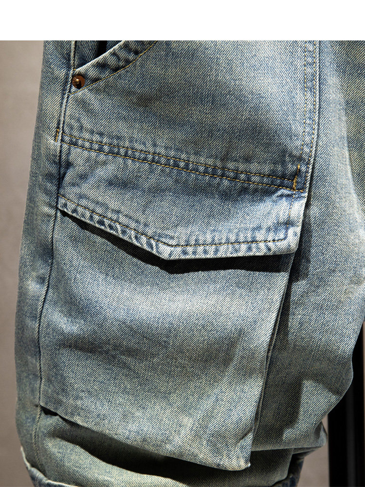 高端工装牛仔短裤男士潮牌夏季薄款水洗复古中裤多口袋宽松五分裤,淘宝优惠券,粉丝福利购,淘宝优惠卷