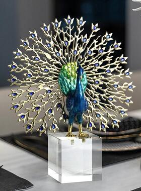 2024高档珐琅工艺品水晶摆件轻奢家居装饰品乔迁礼品摆件孔雀开屏