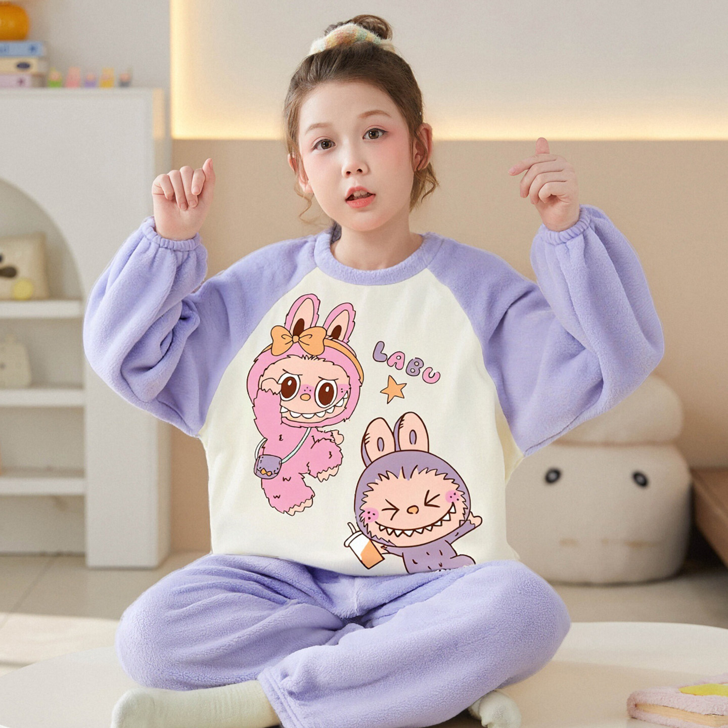 男童睡衣卡通拉布布高端法兰绒加厚款秋冬季保暖小男孩毛绒家居服 - 图3