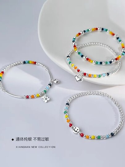 925 sterling silver rainbow beaded smiley bracelet for girls ins niche design best friend bracelet summer high-end light luxury bracelet