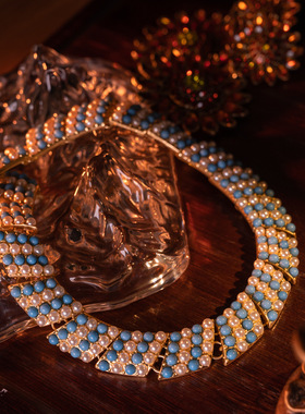 青岛欧美外贸中古vintag罕见书册款复刻满镶精致优雅项链手链耳夹