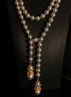 青岛中古vintage巴洛克项链欧美夸张叠戴琉璃珍珠超长项链毛衣链