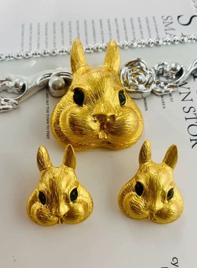 中古vintage西洋复古925银针立体兔年大吉本命年做旧打标胸饰耳钉