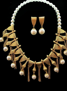 中古Vintage重工夸张复古宫廷风 珍珠气质优雅项链耳钉套装