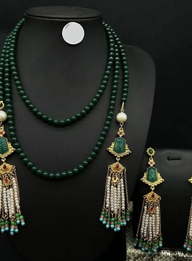 若曦饰品新中式流苏珍珠耳环 中古vintage民族风图腾宫廷项链套装