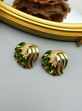 重工中古Vintage宫廷风红绿琉璃撞色高级气质优雅项链耳钉套装