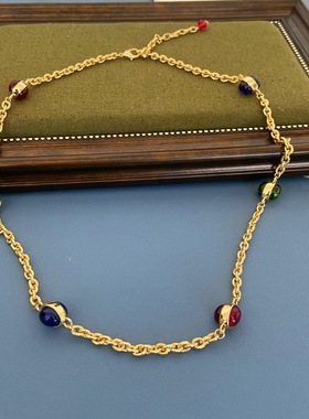 中古vintage饰品时尚轻奢简约美拉德彩色宝石铜镀金高级感项链女