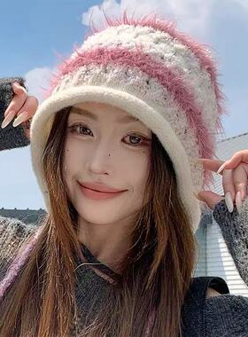 秋冬撞色条纹针织护耳帽显脸小