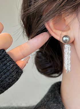 伊灿法式麻灰色珍珠耳钉女纯银