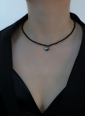 伊灿猫眼石黑色水晶串珠猫咪项链