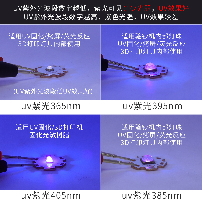 365nm紫光灯uv固化验钞405玉石3d烤胶395紫外灯385led灯珠3w10w - 图0