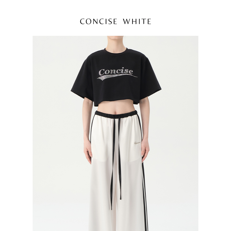 CONCISE-WHITE简白纯色LOGO烫钻露腰甜辣短袖T恤夏季新款 - 图0