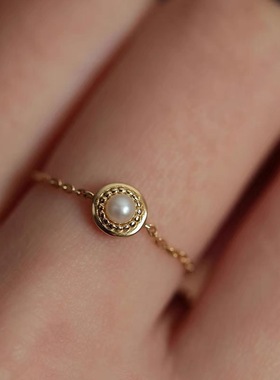 日韩甜美简约仿珍珠链条戒指