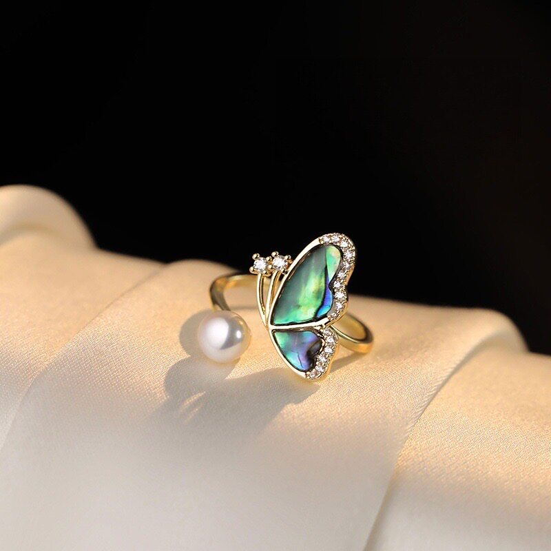 Imitation Pearl Abalone Shell Butterfly Necklace Stud Earrings Ring