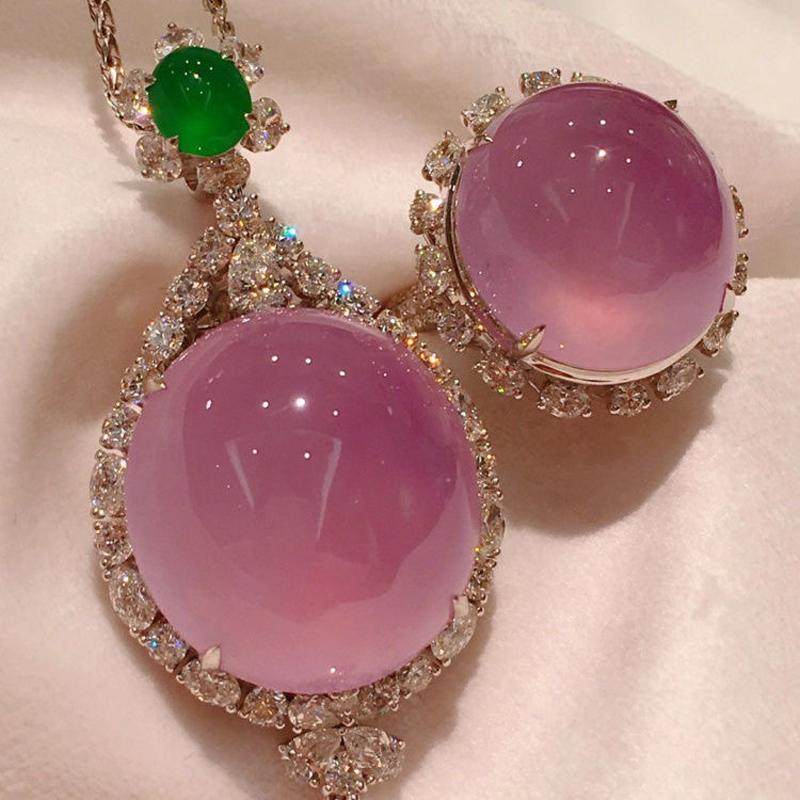 仿真高冰种紫罗兰粉玉髓水蜜桃戒指项链女奢华时尚气质高级感套装,淘宝优惠券,粉丝福利购,淘宝优惠卷