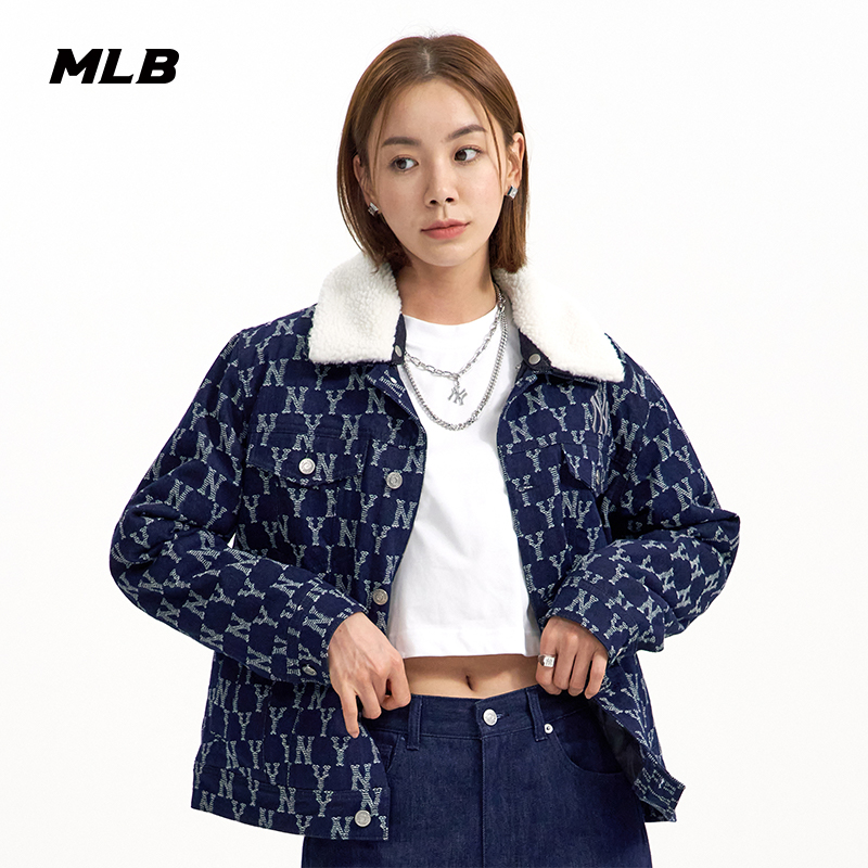 MLB官方男女情侣牛仔老花夹棉外套可拆卸毛领防风22秋冬DKM01-图2