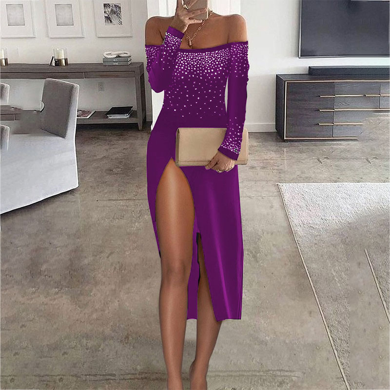 Sexy One-Shoulder Slit Dress Party Bare Leg Dinner Dress-图2