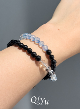天然黑曜石海蓝宝白水晶多圈手链