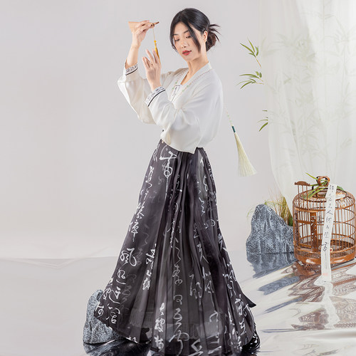 彩云涧原创宋制汉服复古文艺印花书法飞机袖短衫短褙子日常穿搭秋 - 图0