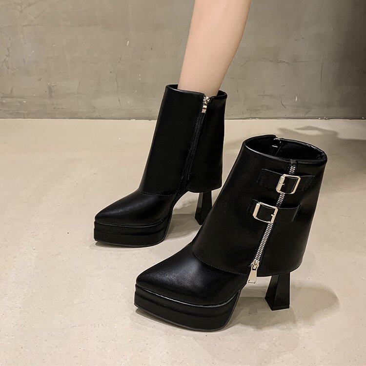 French style high-heeled shoes, waterproof platform, not tired feet, women's short boots, autumn new cos shoes, fashion chimney boots