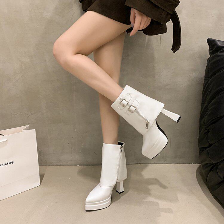 French style high-heeled shoes, waterproof platform, not tired feet, women's short boots, autumn new cos shoes, fashion chimney boots