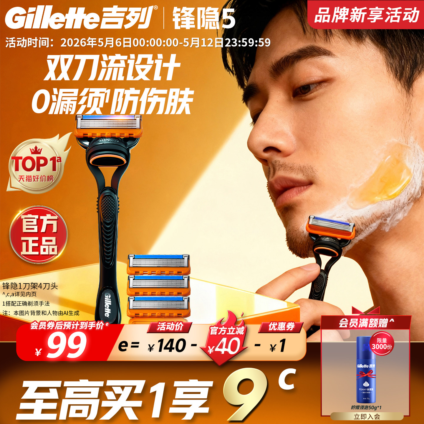 吉列锋隐5层刀片手动剃须刀非吉利男士刮胡刀锋速5正品官方旗舰店