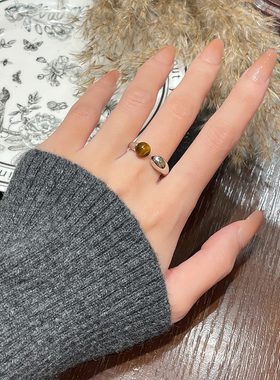 轻奢琥珀珠珠开口戒指2025新款爆款高级感情侣对戒可调节时尚指环