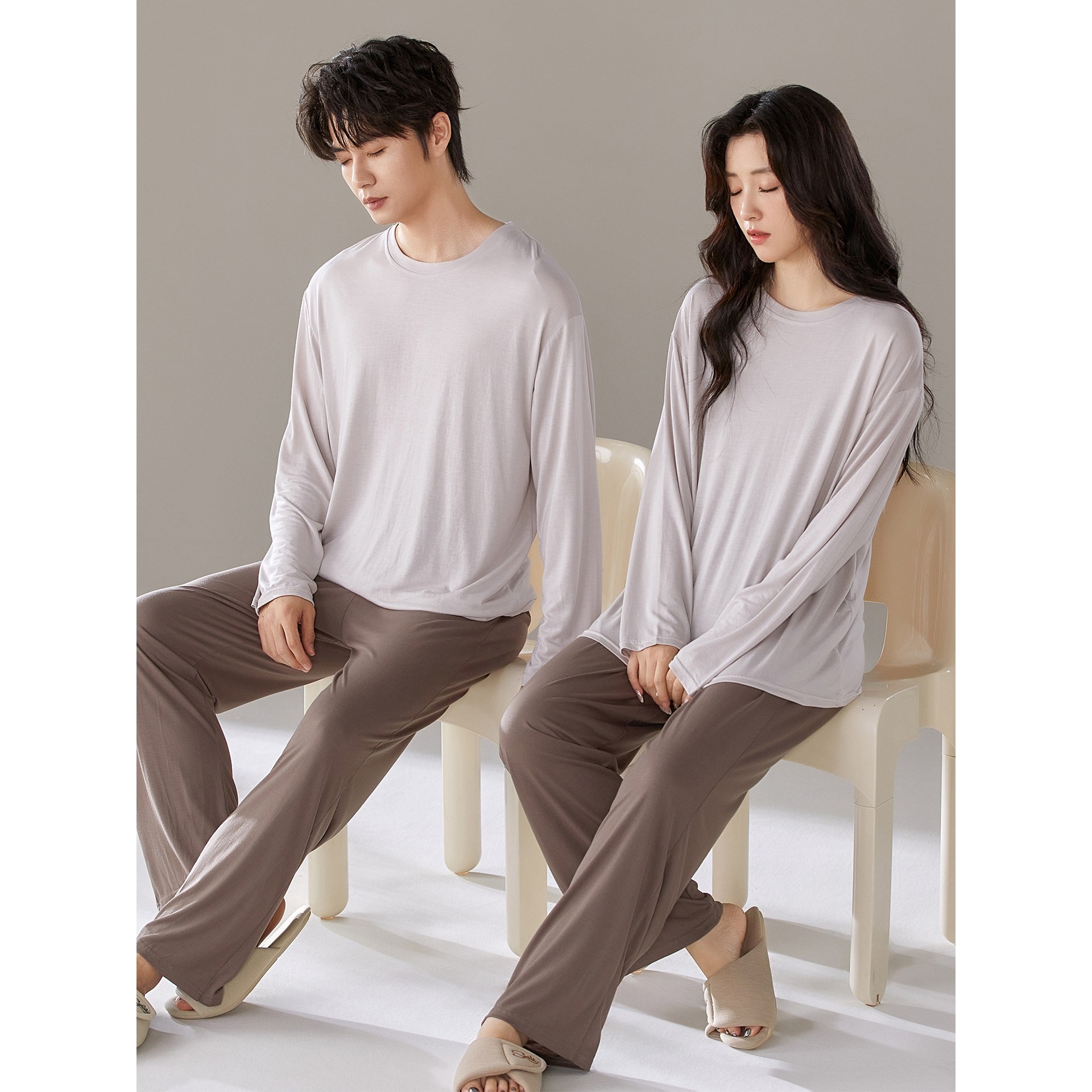 全棉纯棉情侣睡衣女男春秋季莫代尔长袖圆领宽松休闲家居服套装可,淘宝优惠券,粉丝福利购,淘宝优惠卷