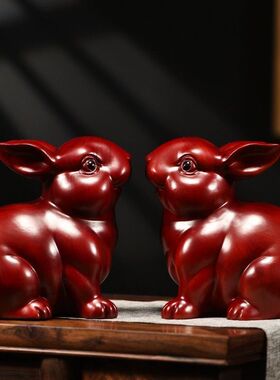 红色木质兔子摆件实木制生肖玉兔家用客厅装饰品木雕小兔