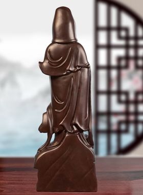 黑檀木实木雕刻如意莲花观音菩萨佛像摆件客厅红木工艺品木雕定制