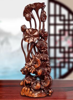 香樟木雕刻年年有鱼摆件木头雕刻荷花鲤鱼中式客厅送礼工艺品定制