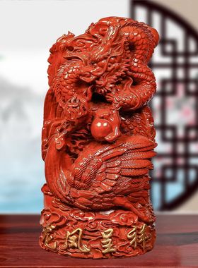 绿色实木雕刻龙凤呈祥风水专用摆件办公室家居装饰摆设开业送礼品